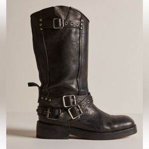 Free People Black Leather Buckle Riding Boots